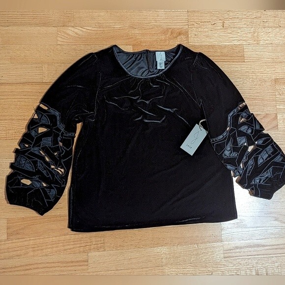 JOIE NWT Black Anthro Velvet Lace Cut Out Sleeve Top Blouse L - Picture 11 of 11